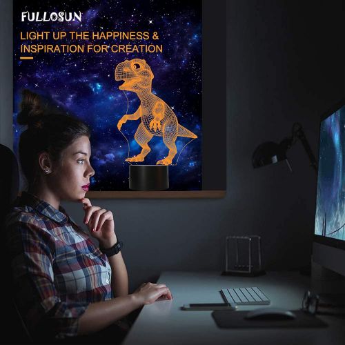  FULLOSUN Dinosaur 3D Night Light, Jurassic Gifts Bedside Lamp for Xmas Holiday Birthday Gifts for Kids Dinosaur Fan with Remote Control 16 Colors Changing + 4 Changing Mode + Dim Function