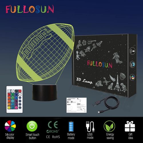  FULLOSUN Football 3D Night Light, American Football 3D Illusion Lamp for Kids with Remote 16 Colors Changing, Creative Birthday Rugby Gifts for Boy Girl Bedroom Decoration