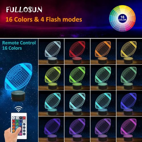  FULLOSUN Football 3D Night Light, American Football 3D Illusion Lamp for Kids with Remote 16 Colors Changing, Creative Birthday Rugby Gifts for Boy Girl Bedroom Decoration