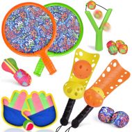 [아마존 핫딜]  [아마존핫딜]FUN LITTLE TOYS 17 PCs Sports Outdoor Games Set with Scoop Ball Toss, Toss and Catch Games, Tennis Racket Sports Toy, Slingshot Rocket Copters Water Toys for Kids