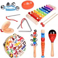 [아마존 핫딜]  [아마존핫딜]FUN LITTLE TOYS Toddler Musical Instrument Toy Set-12Pcs Wooden Percussion Toys Including Tambourine, Shaker Egg, Piccolo, Maracas and More for Kids Preschool Educational, Music Party Supplies