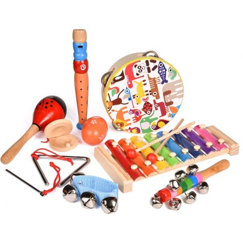  [아마존 핫딜]  [아마존핫딜]FUN LITTLE TOYS Toddler Musical Instrument Toy Set-12Pcs Wooden Percussion Toys Including Tambourine, Shaker Egg, Piccolo, Maracas and More for Kids Preschool Educational, Music Party Supplies