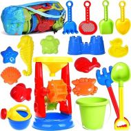 Beach Toys, 19 Piece Sand Toys Set Kids Sandbox Toys Includes Water Wheel Beach Tool Kit Bucket Watering Can Molds Sand Toys Mesh Bag for Travel, Beach Toys for Kids Ages 3-13