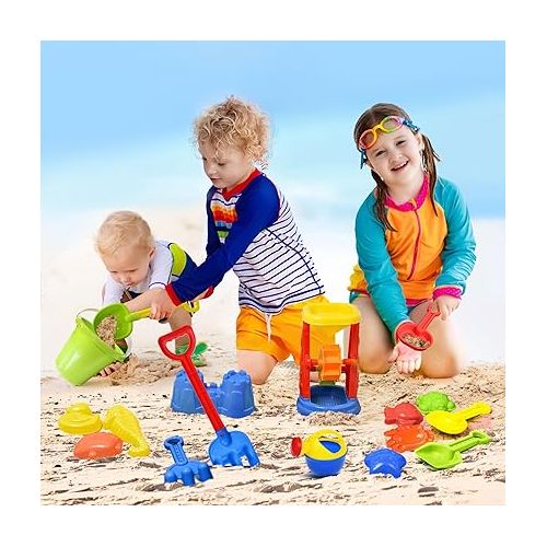  Beach Toys, 19 Piece Sand Toys Set Kids Sandbox Toys Includes Water Wheel Beach Tool Kit Bucket Watering Can Molds Sand Toys Mesh Bag for Travel, Beach Toys for Kids Ages 3-13