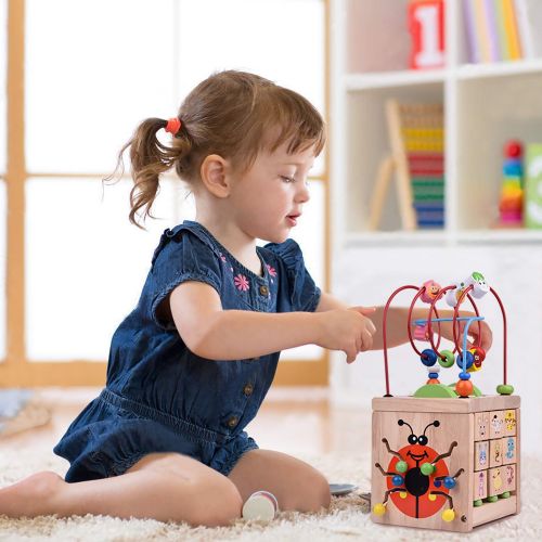  FUN LITTLE TOYS Wooden Activity Cube for Toddlers, Wooden Toys, Baby Activity Center, Classic Bead Maze Toys, Educational Learning Toys for Kids Birthday Gift for Kids