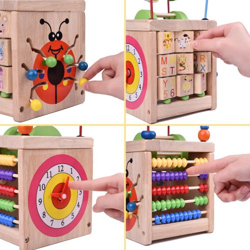  FUN LITTLE TOYS Wooden Activity Cube for Toddlers, Wooden Toys, Baby Activity Center, Classic Bead Maze Toys, Educational Learning Toys for Kids Birthday Gift for Kids