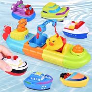 FUN LITTLE TOYS Baby Bath Toys, 7 PCs Toy Boats Include One Big Wind Up Bath Boat and 6 Bath Squirters Toy Boats, Birthday Gifts for Boys & Girls