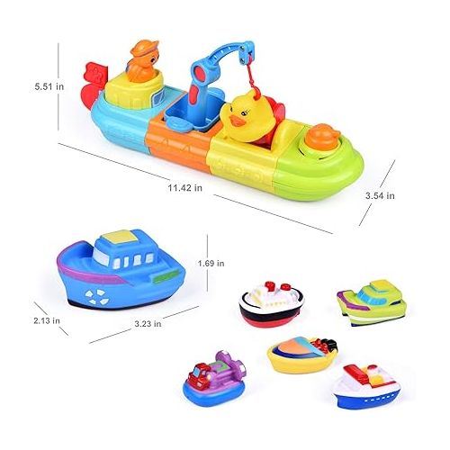  FUN LITTLE TOYS Baby Bath Toys, 7 PCs Toy Boats Include One Big Wind Up Bath Boat and 6 Bath Squirters Toy Boats, Birthday Gifts for Boys & Girls