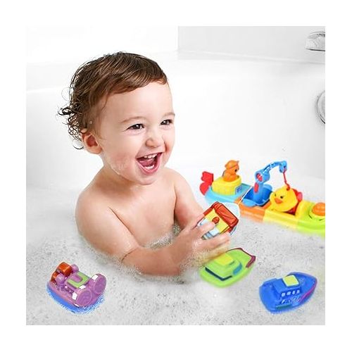  FUN LITTLE TOYS Baby Bath Toys, 7 PCs Toy Boats Include One Big Wind Up Bath Boat and 6 Bath Squirters Toy Boats, Birthday Gifts for Boys & Girls