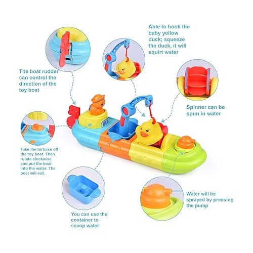  FUN LITTLE TOYS Baby Bath Toys, 7 PCs Toy Boats Include One Big Wind Up Bath Boat and 6 Bath Squirters Toy Boats, Birthday Gifts for Boys & Girls