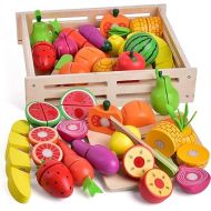 FUN LITTLE TOYS 35PCS Wooden Play Food for Kids Kitchen, Pretend Cutting Food Toys with Wooden Tray, Dishes and Knife for Kids, Pretend Play Food