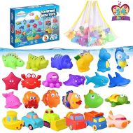 FUN LITTLE TOYS 24 Pcs Bath Toys for Toddlers, Sea Animals & Cars Squirter Bath Toys, No Mold Bathtub Toys with Storage Bag , Baby Bath Toys for Pool, Toddler Bath Toys for Kids Party Favors Age1-3