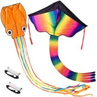 [아마존베스트]2 Pack Rainbow and Octopus Kites for Kids and Adults, Kids Outdoor Toys for Outdoor Games and Activities