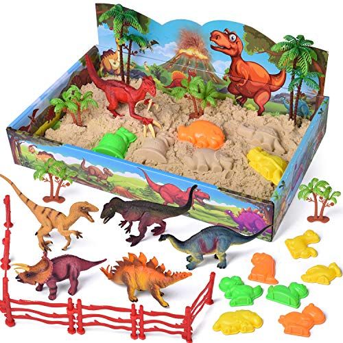  FUN LITTLE TOYS 29 PCs Play Sand Dinosaur Toys, Sand Box with Dinsoaur Figures, Dinosaur Molds, Magic Sand and Accessories