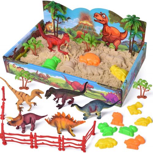  FUN LITTLE TOYS 29 PCs Play Sand Dinosaur Toys, Sand Box with Dinsoaur Figures, Dinosaur Molds, Magic Sand and Accessories