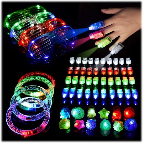  FUN LITTLE TOYS 60PCs LED Light Up Toys Glow in The Dark Party Supplies, Glow Stick Pack for Kids Xmas Party Favors Including 40 Finger Lights, 12 Flashing Bumpy Rings, 4 Bracelets