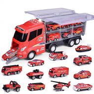 FUN LITTLE TOYS 12 in 1 Die-cast Fire Truck Toys, 16 Transport Fire Truck, Car Carrier Truck with Fire Engine Cars, Firetruck for Boys & Kids