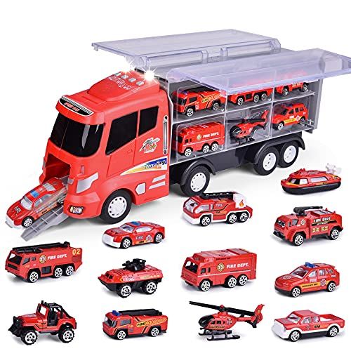  FUN LITTLE TOYS 12 in 1 Die-cast Fire Truck Toys, 16 Transport Fire Truck, Car Carrier Truck with Fire Engine Cars, Firetruck for Boys & Kids