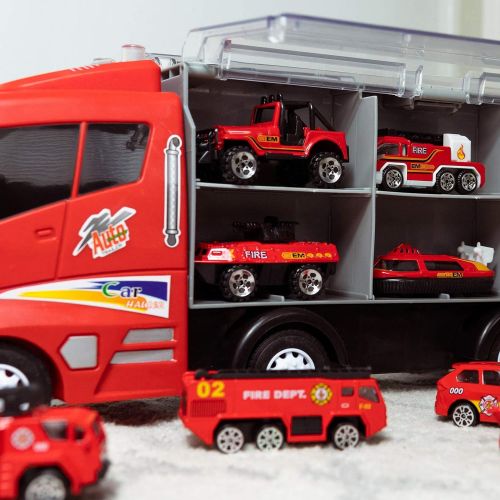  FUN LITTLE TOYS 12 in 1 Die-cast Fire Truck Toys, 16 Transport Fire Truck, Car Carrier Truck with Fire Engine Cars, Firetruck for Boys & Kids