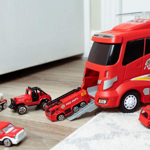  FUN LITTLE TOYS 12 in 1 Die-cast Fire Truck Toys, 16 Transport Fire Truck, Car Carrier Truck with Fire Engine Cars, Firetruck for Boys & Kids