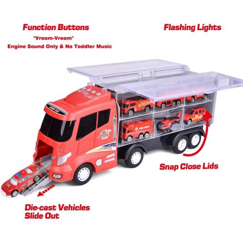  FUN LITTLE TOYS 12 in 1 Die-cast Fire Truck Toys, 16 Transport Fire Truck, Car Carrier Truck with Fire Engine Cars, Firetruck for Boys & Kids