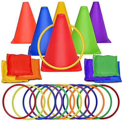  FUN LITTLE TOYS 3 in 1 Carnival Outdoor Games, Bean Bag Toss Game for Kids, Plastic Cones Ring Toss Party Game for Indoor or Outdoor Birthday Gifts 25Pieces Set