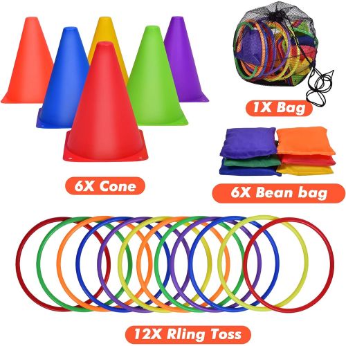  FUN LITTLE TOYS 3 in 1 Carnival Outdoor Games, Bean Bag Toss Game for Kids, Plastic Cones Ring Toss Party Game for Indoor or Outdoor Birthday Gifts 25Pieces Set