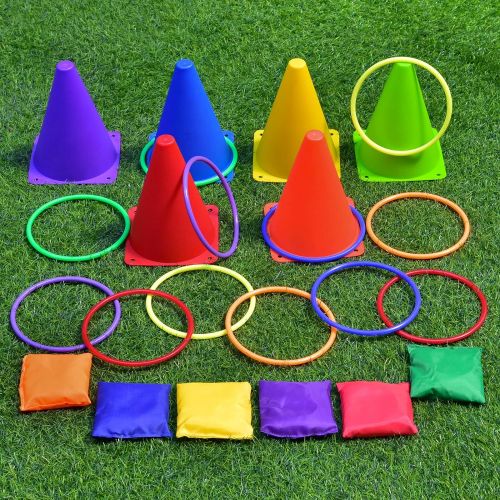  FUN LITTLE TOYS 3 in 1 Carnival Outdoor Games, Bean Bag Toss Game for Kids, Plastic Cones Ring Toss Party Game for Indoor or Outdoor Birthday Gifts 25Pieces Set