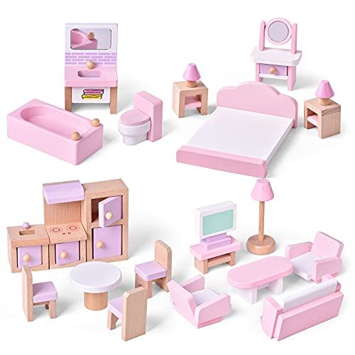  FUN LITTLE TOYS 4 Set Wooden Doll House Furniture, 22 PCs of Dollhouse Accessories, Pink Wooden Toys, Stocking Stuffers for Kids