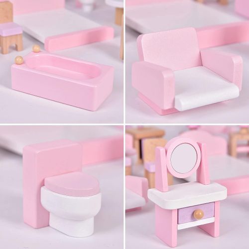  FUN LITTLE TOYS 4 Set Wooden Doll House Furniture, 22 PCs of Dollhouse Accessories, Pink Wooden Toys, Stocking Stuffers for Kids