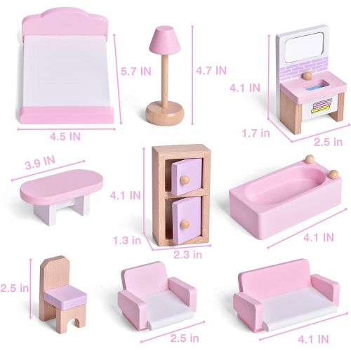  FUN LITTLE TOYS 4 Set Wooden Doll House Furniture, 22 PCs of Dollhouse Accessories, Pink Wooden Toys, Stocking Stuffers for Kids