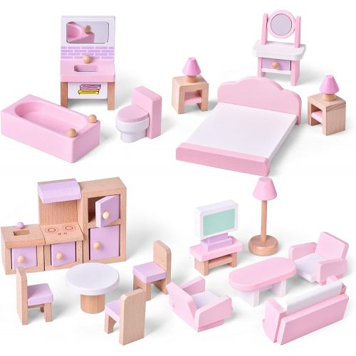  FUN LITTLE TOYS 4 Set Wooden Doll House Furniture, 22 PCs of Dollhouse Accessories, Pink Wooden Toys, Stocking Stuffers for Kids