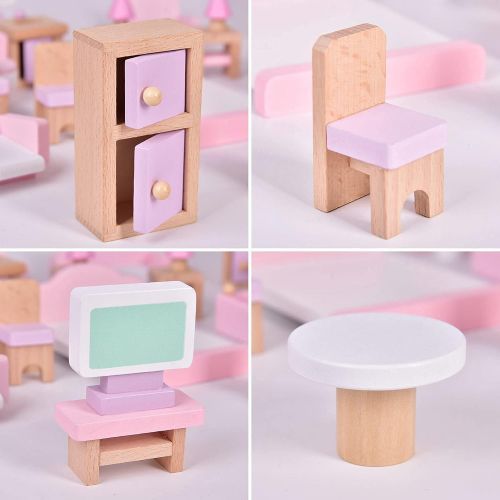  FUN LITTLE TOYS 4 Set Wooden Doll House Furniture, 22 PCs of Dollhouse Accessories, Pink Wooden Toys, Stocking Stuffers for Kids