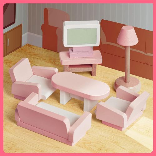  FUN LITTLE TOYS 4 Set Wooden Doll House Furniture, 22 PCs of Dollhouse Accessories, Pink Wooden Toys, Stocking Stuffers for Kids
