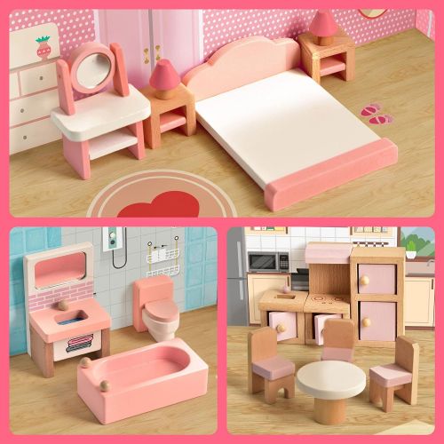  FUN LITTLE TOYS 4 Set Wooden Doll House Furniture, 22 PCs of Dollhouse Accessories, Pink Wooden Toys, Stocking Stuffers for Kids