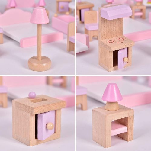  FUN LITTLE TOYS 4 Set Wooden Doll House Furniture, 22 PCs of Dollhouse Accessories, Pink Wooden Toys, Stocking Stuffers for Kids
