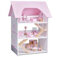 FUN LITTLE TOYS 26 PCs Wooden Dollhouse with Furniture Toy Set, 16 x 11 x 26 Doll House for 3 4 5 6 Years Old, Pink Toys for Girls, Birthday Gifts for Kids