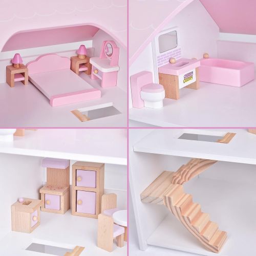  FUN LITTLE TOYS 26 PCs Wooden Dollhouse with Furniture Toy Set, 16 x 11 x 26 Doll House for 3 4 5 6 Years Old, Pink Toys for Girls, Birthday Gifts for Kids