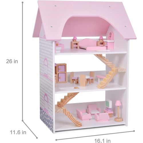  FUN LITTLE TOYS 26 PCs Wooden Dollhouse with Furniture Toy Set, 16 x 11 x 26 Doll House for 3 4 5 6 Years Old, Pink Toys for Girls, Birthday Gifts for Kids