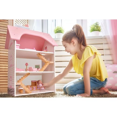  FUN LITTLE TOYS 26 PCs Wooden Dollhouse with Furniture Toy Set, 16 x 11 x 26 Doll House for 3 4 5 6 Years Old, Pink Toys for Girls, Birthday Gifts for Kids