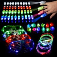 FUN LITTLE TOYS 60 PCS LED Light Up Toys Glow in The Dark Party Supplies, Halloween Party Favors Kids Including 40 LED Finger Lights, 12 Flashing Bumpy Rings, 4 Bracelets 4 Flashing Slotted Shades