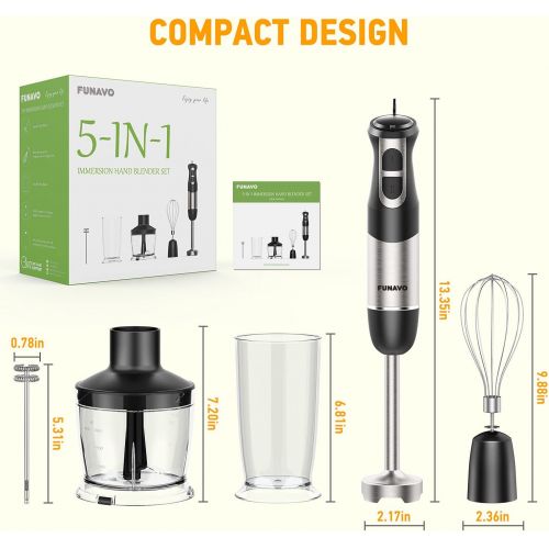  FUNAVO hand blender,800W 5-in-1 Immersion Hand Blender,12-Speed Multi-function Stick Blender with 500ml Chopping Bowl, Whisk, 600ml Mixing Beaker, Milk Frother Attachments, BPA-Fre