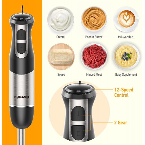  FUNAVO hand blender,800W 5-in-1 Immersion Hand Blender,12-Speed Multi-function Stick Blender with 500ml Chopping Bowl, Whisk, 600ml Mixing Beaker, Milk Frother Attachments, BPA-Fre