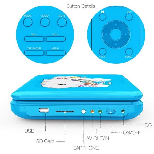  FUNAVO 10.5 Portable DVD Player with Headphone, Carring Case, Swivel Screen, 5 Hours Rechargeable Battery, SD Card Slot and USB Port (Blue)