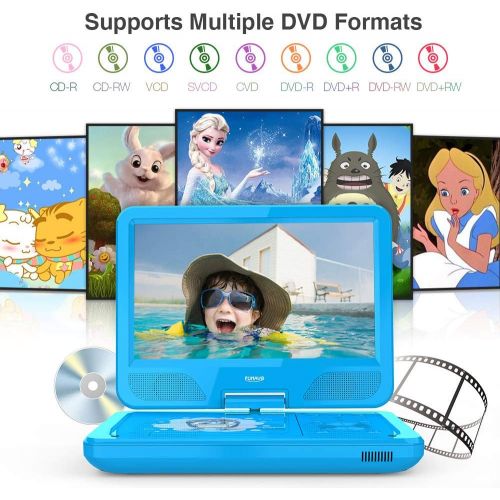  FUNAVO 10.5 Portable DVD Player with Headphone, Carring Case, Swivel Screen, 5 Hours Rechargeable Battery, SD Card Slot and USB Port (Blue)