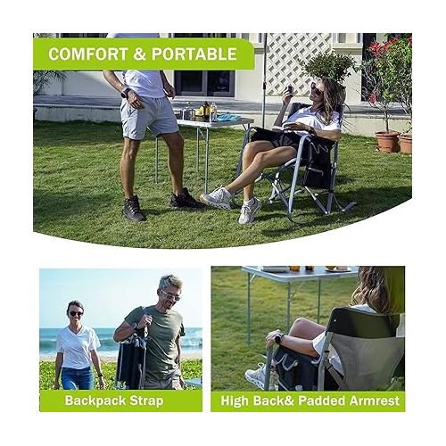  Oversized Camping Adults Rocking Folding Chairs Outdoor with Side Pack and Cooler Bag, Black/GREY1