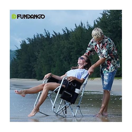  Oversized Camping Adults Rocking Folding Chairs Outdoor with Side Pack and Cooler Bag, Black/GREY1