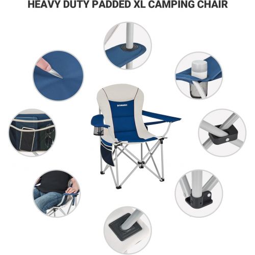  FUNDANGO Oversize Folding Camping Padded Outdoor Chair with Lumbar Suppot, Cup Holder, Armrest, Heavy Duty High Back XL Camp Chair for Backpacking, Travel, Beach with Carry Bag, Su