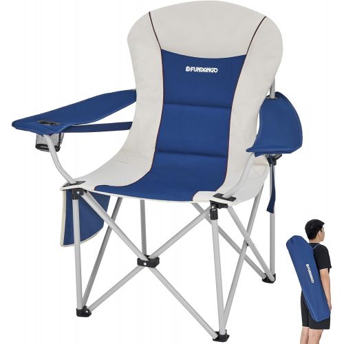  FUNDANGO Oversize Folding Camping Padded Outdoor Chair with Lumbar Suppot, Cup Holder, Armrest, Heavy Duty High Back XL Camp Chair for Backpacking, Travel, Beach with Carry Bag, Su