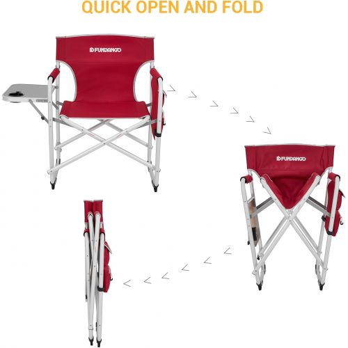 FUNDANGO Portable Lightweight Folding Camping Director Chair with Side Table Oversized Camp Chair Aluminum Fold Up Chair Outdoor Chairs for Picnic, Sports, BBQ, Fishing, Heavy Duty